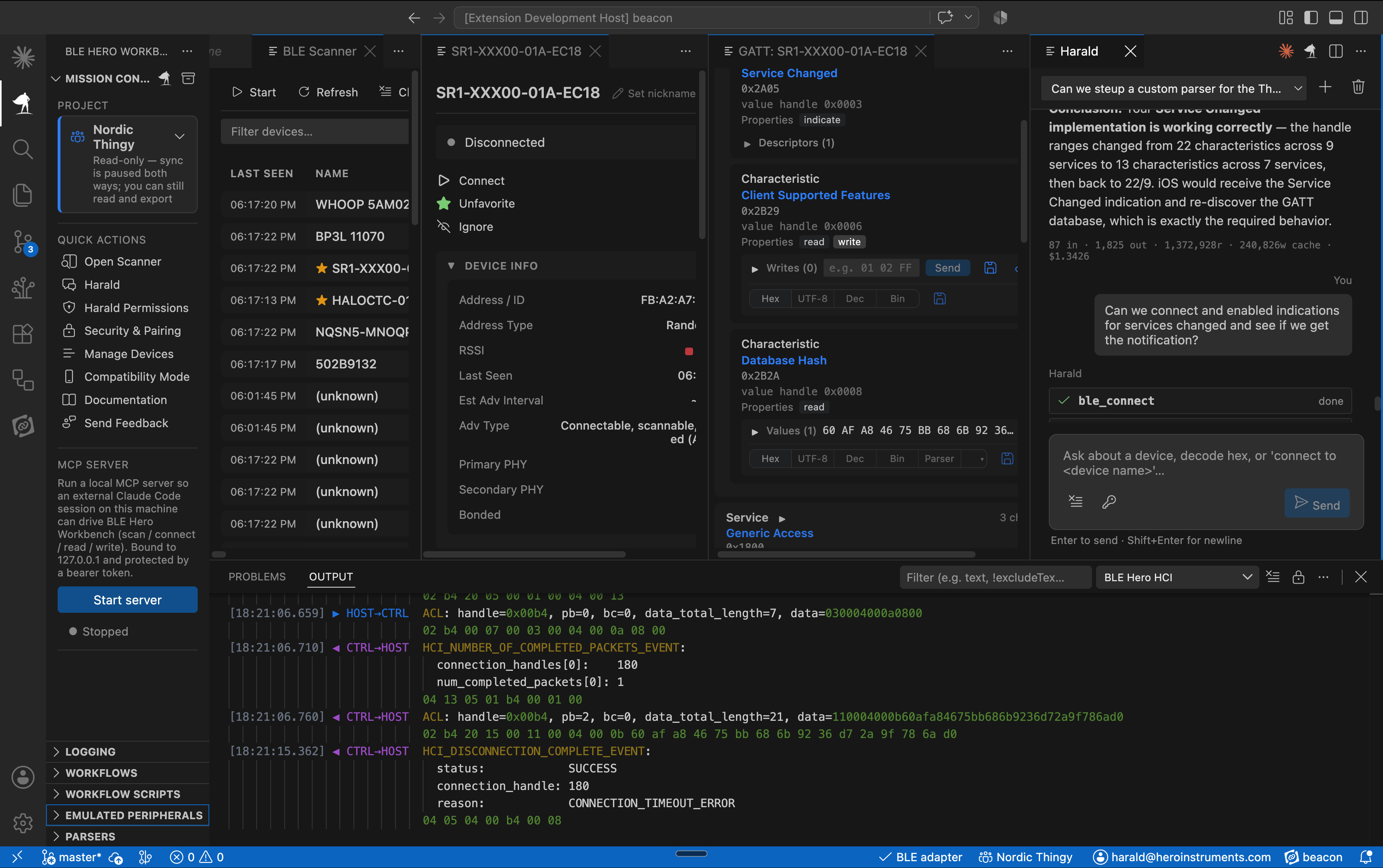 Harald running tool calls on a real device, with the local MCP server controls alongside
