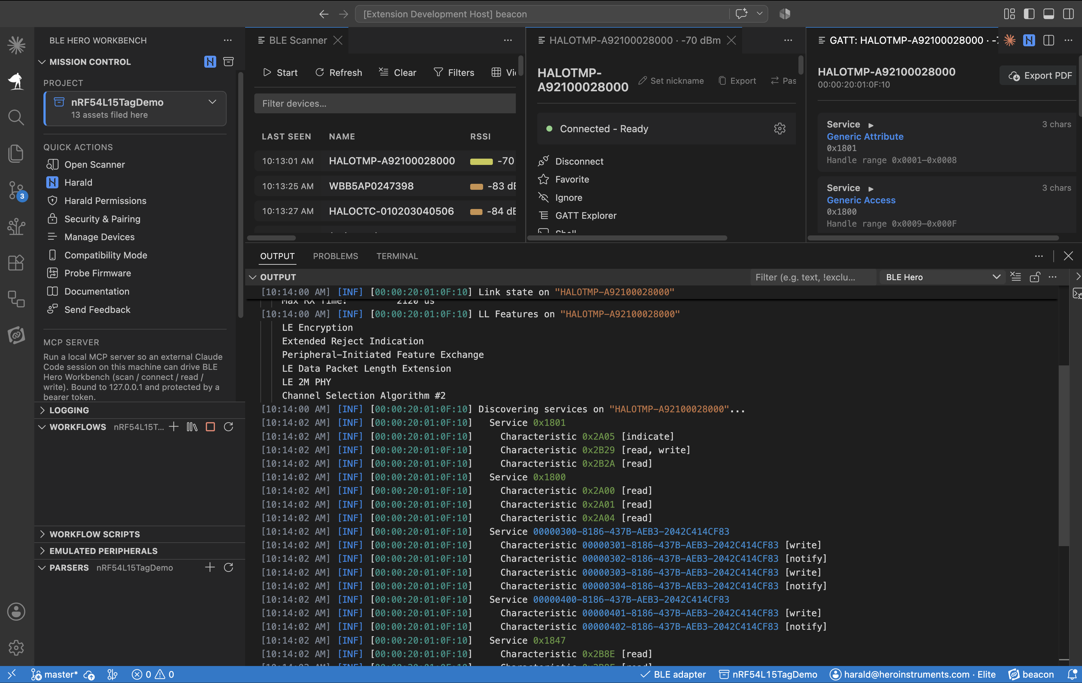 The Logging view showing link-layer detail and service discovery under the HCI trace