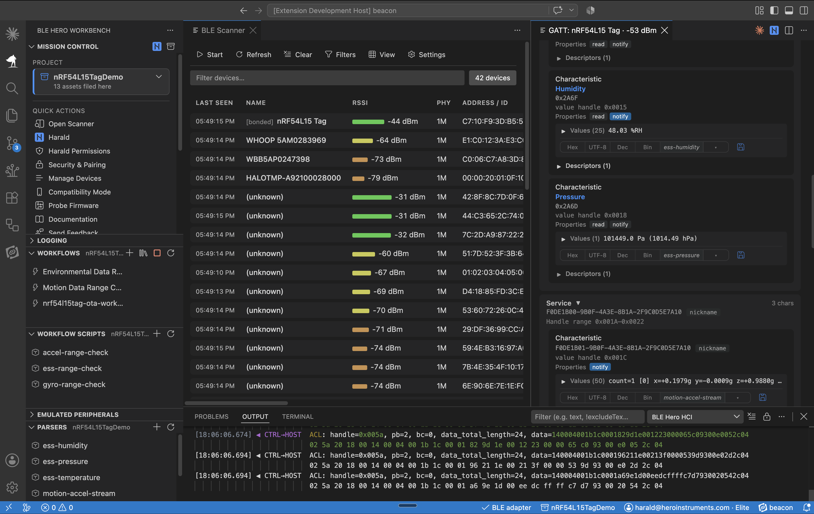 The Scanner listing nearby devices beside a connected device's GATT explorer
