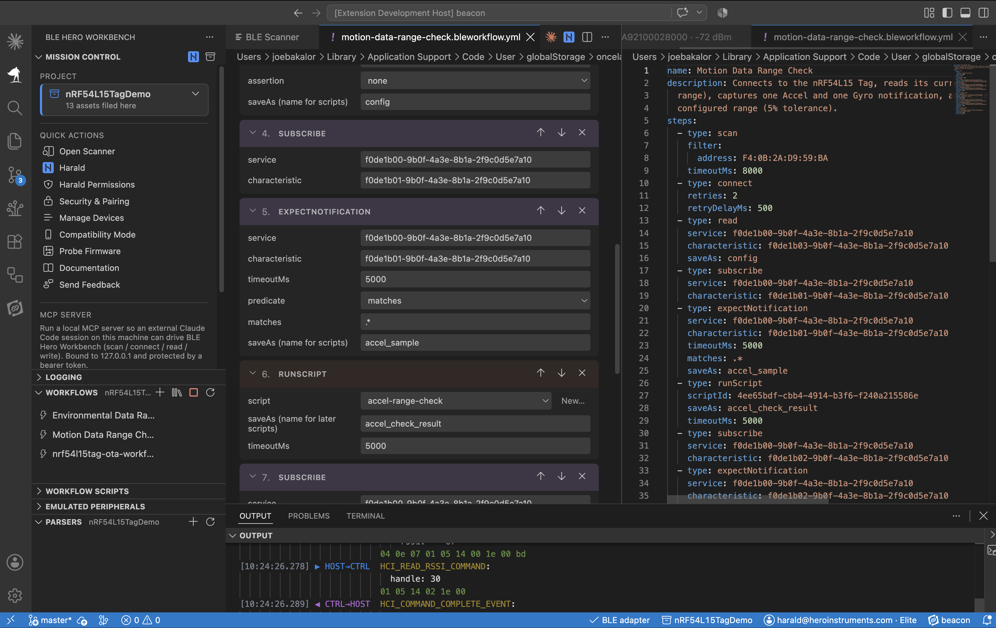 The Workflows visual editor beside the same workflow as YAML
